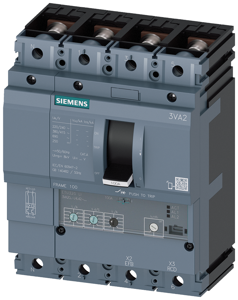 3VA2063-7HL42-0AA0 Interruptor automático 3VA2 IEC Frame 100 Clase de poder de corte C Icu=110 kA @