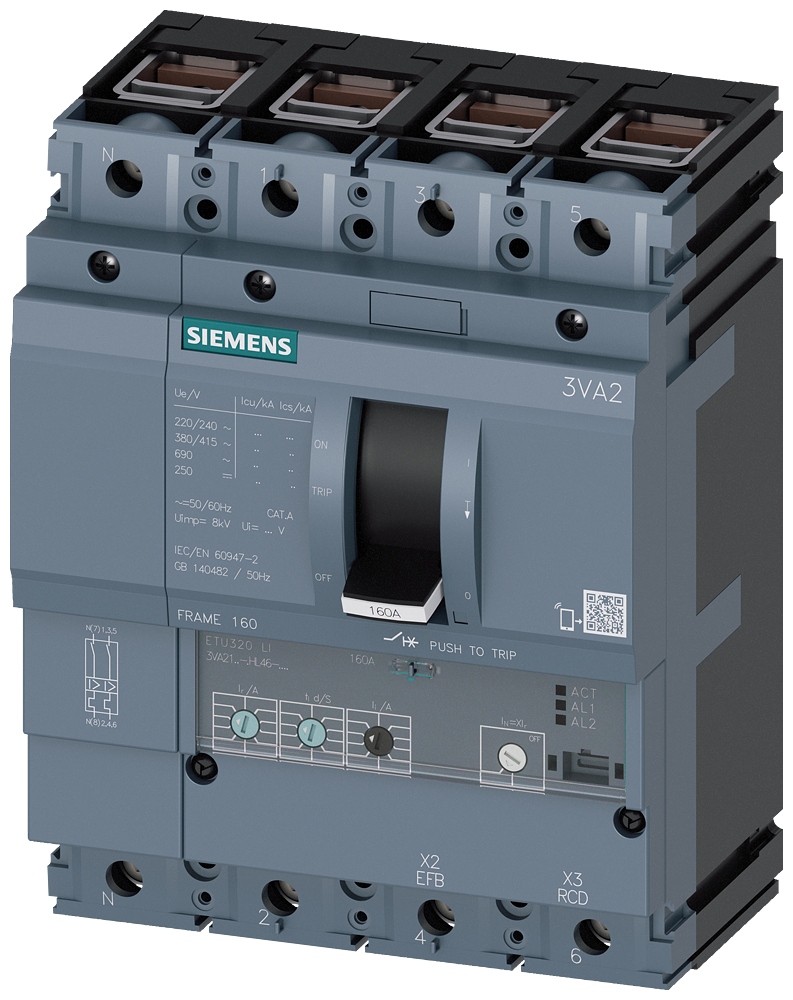3VA2163-5HL46-0AA0 Interruptor automático 3VA2 IEC Frame 160 Clase de poder de corte M Icu=55kA @ 4