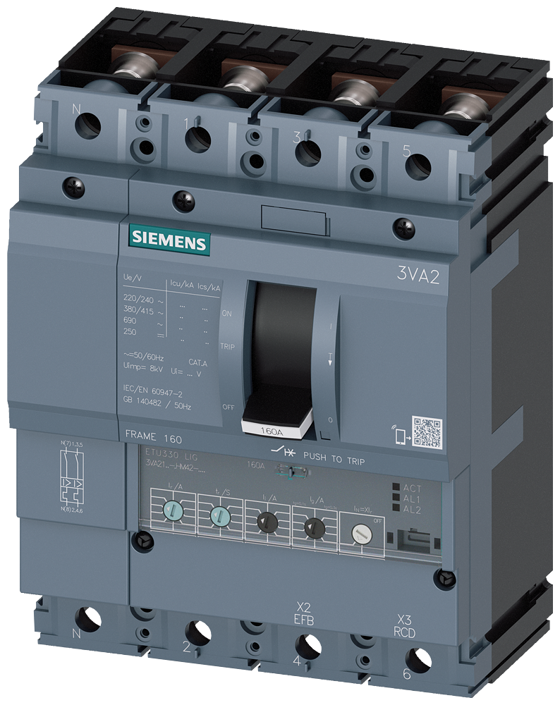 3VA2116-5HM42-0AA0 Interruptor automático 3VA2 IEC BASTIDOR 160 Clase de poder de corte M Icu=55kA 