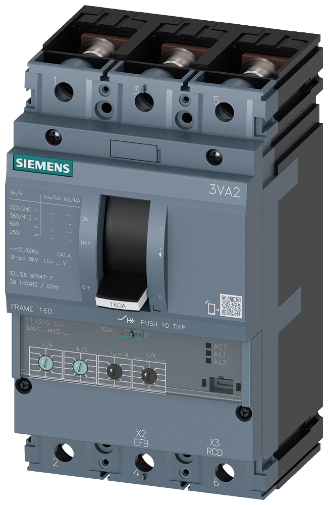 3VA2110-6HN32-0AA0 Interruptor automático 3VA2 IEC BASTIDOR 160 Clase de poder de corte H Icu=85 kA