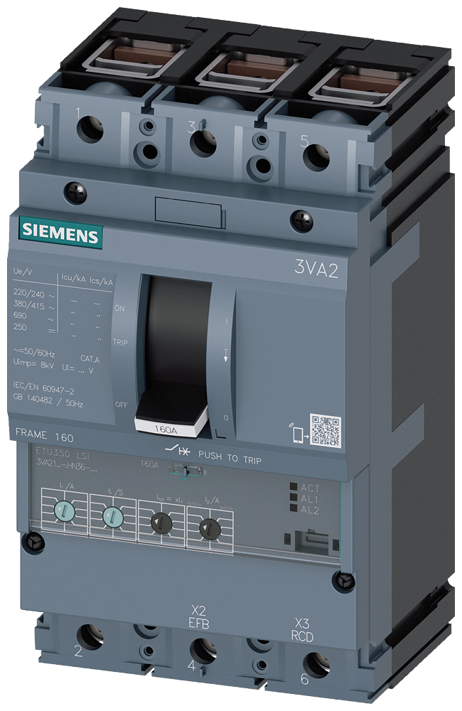 3VA2110-6HN36-0AA0 Interruptor automático 3VA2 IEC BASTIDOR 160 Clase de poder de corte H Icu=85 kA