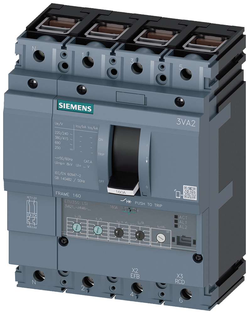 3VA2116-5HN46-0AA0 Interruptor automático 3VA2 IEC BASTIDOR 160 Clase de poder de corte M Icu=55kA 