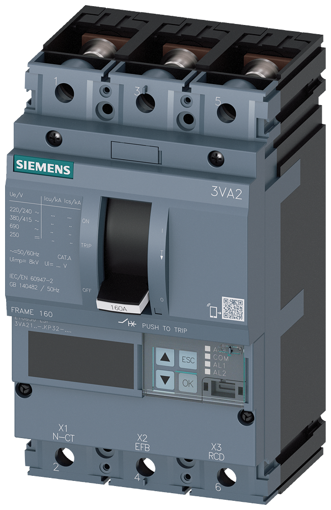 3VA2110-5KP32-0AA0 Interruptor automático 3VA2 IEC BASTIDOR 160 Clase de poder de corte M Icu=55kA 
