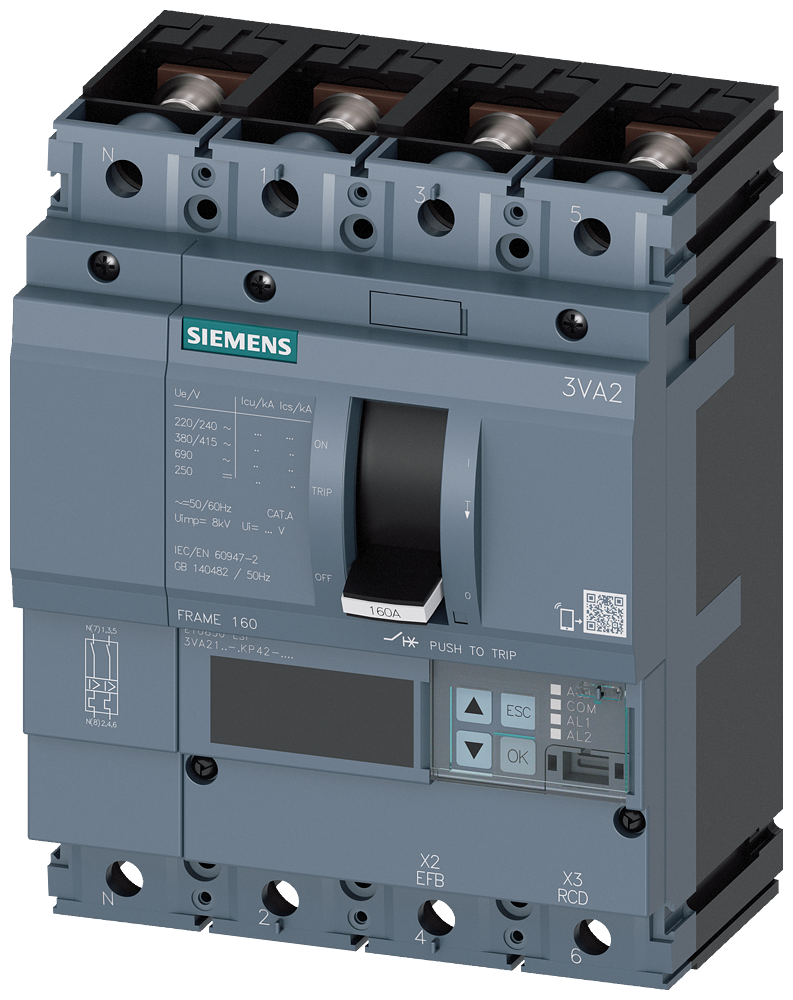 3VA2110-5KP42-0AA0 Interruptor automático 3VA2 IEC BASTIDOR 160 Clase de poder de corte M Icu=55kA 