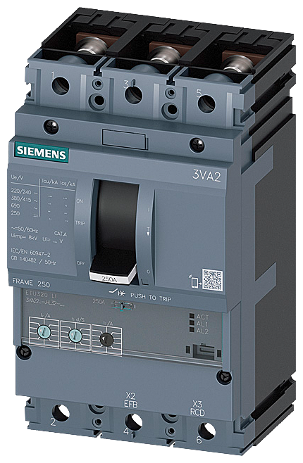 3VA2225-7HL32-0AA0 Interruptor automático 3VA2 IEC Frame 250 Clase de poder de corte C Icu=110 kA @