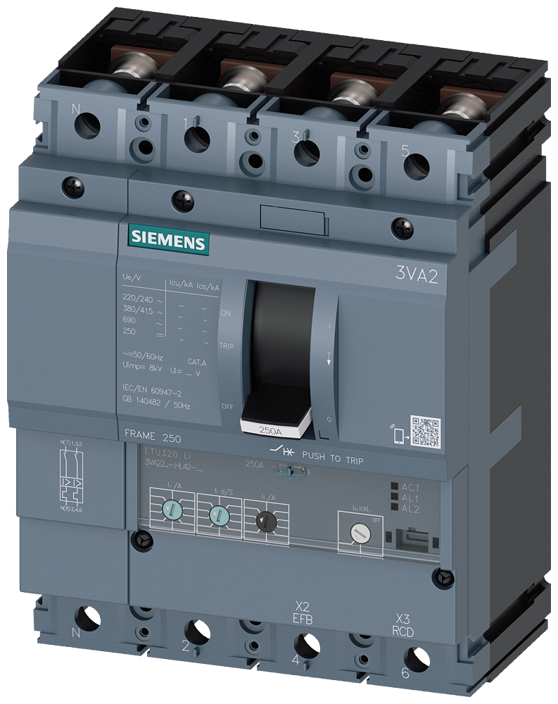 3VA2225-7HL42-0AA0 Interruptor automático 3VA2 IEC Frame 250 Clase de poder de corte C Icu=110 kA @