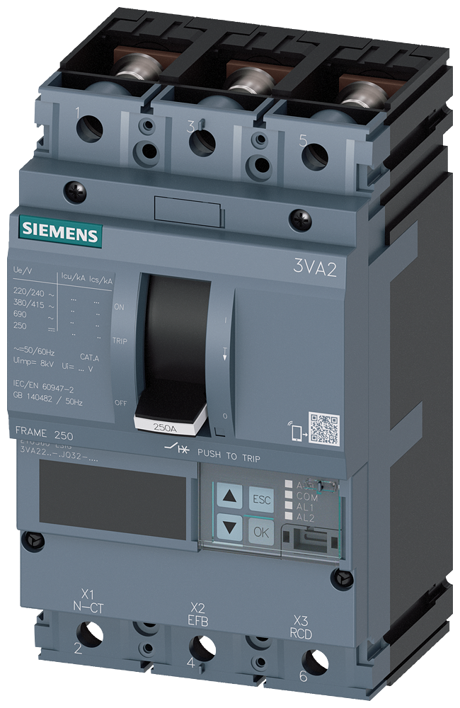 3VA2216-6JQ32-0AA0 Interruptor automático 3VA2 IEC Frame 250 Clase de poder de corte H Icu=85 kA @ 