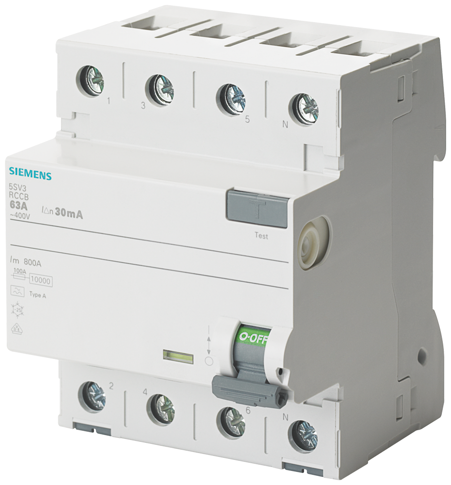 5SV3656-6 Interruptor diferencial, de 4 polos, tipo A, In: 63 A, 300 mA, Un AC: 500 V