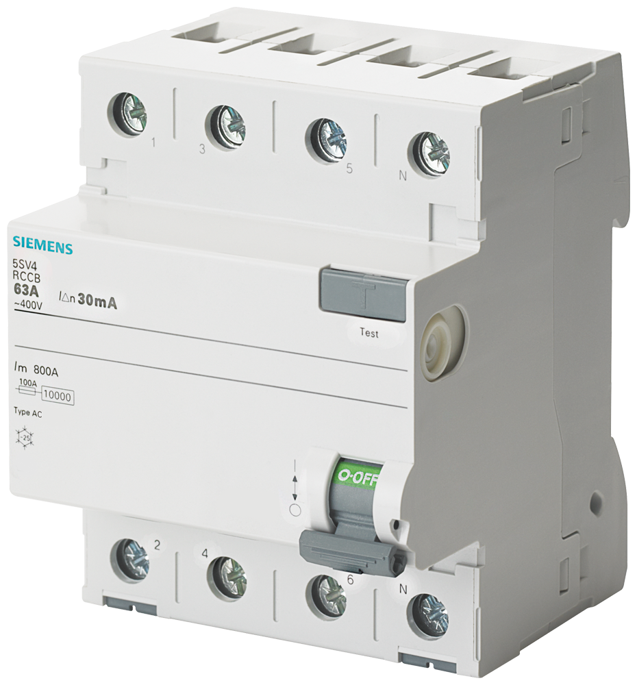 5SV4446-0 Interruptor diferencial, de 4 polos, tipo AC, In: 63 A, 100 mA, Un AC: 400 V