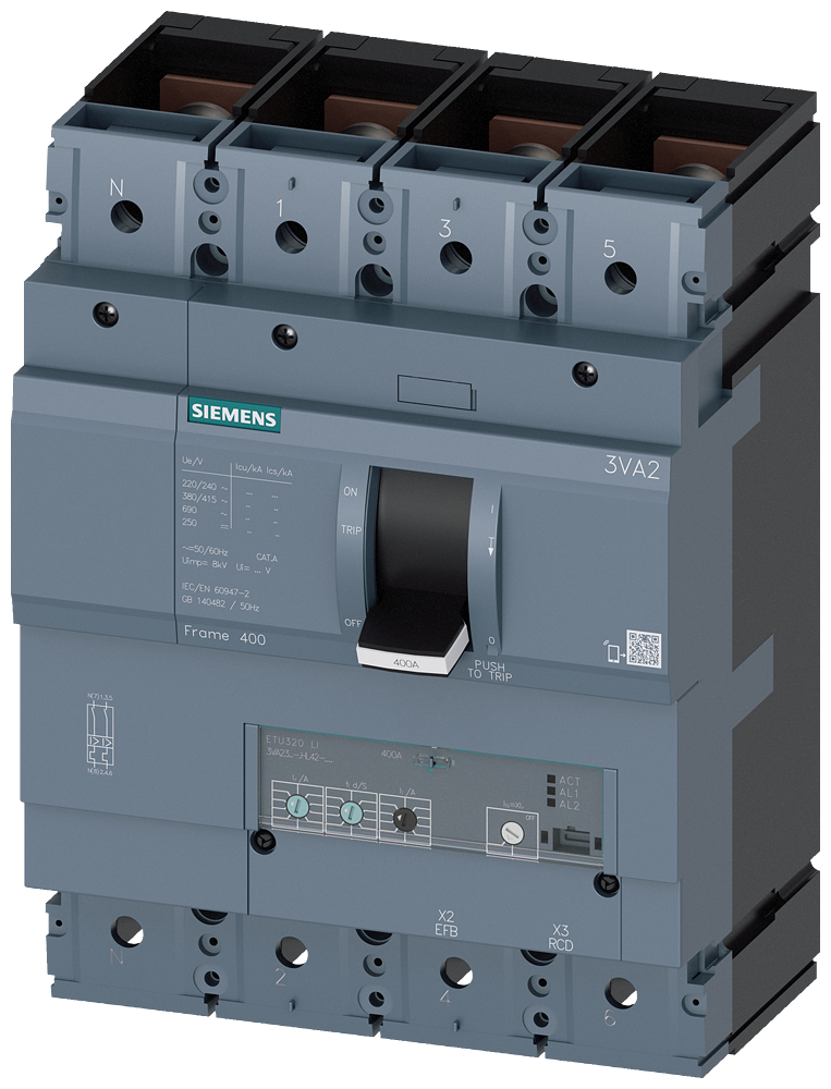 3VA2340-6HL42-0AA0 Interruptor automático 3VA2 IEC Frame 400 Clase de poder de corte H Icu=85 kA @ 