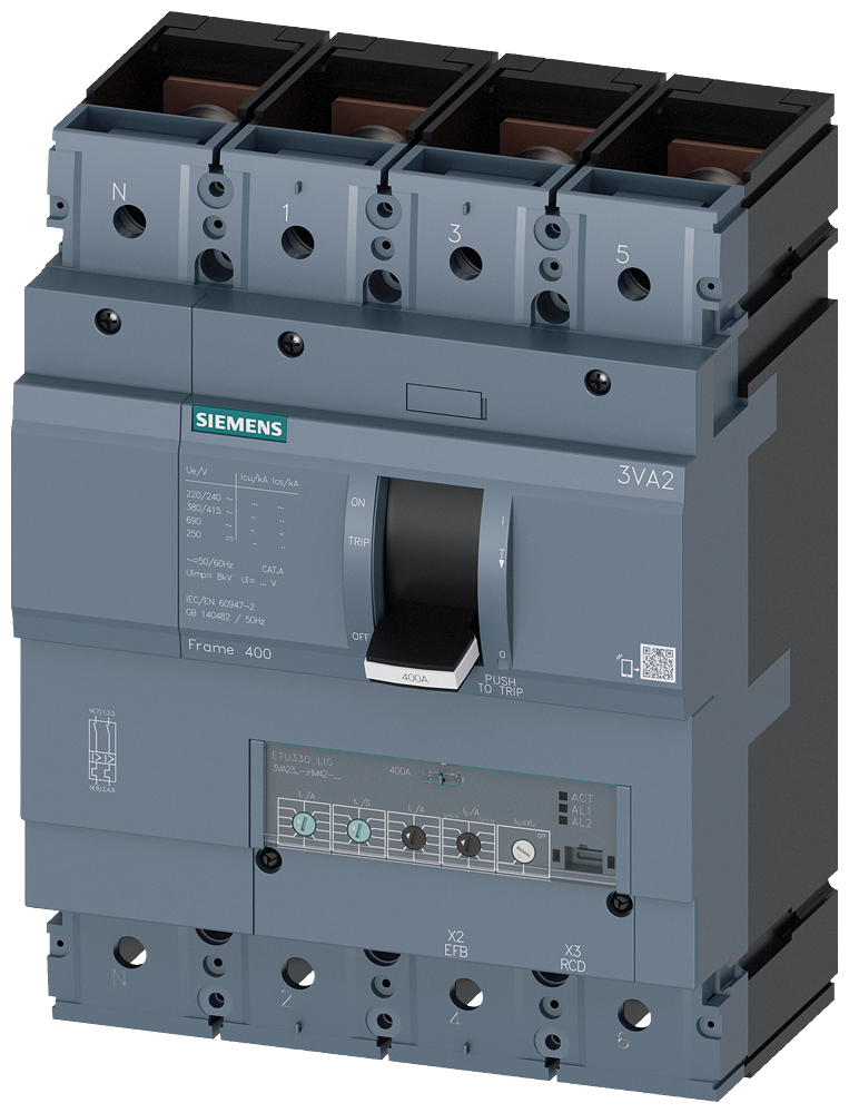 3VA2340-5HM42-0AA0 Interruptor automático 3VA2 IEC Frame 400 Clase de poder de corte M Icu=55kA @ 4