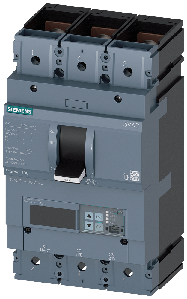 3VA2340-5JQ32-0AA0 Interruptor automático 3VA2 IEC Frame 400 Clase de poder de corte M Icu=55kA @ 4