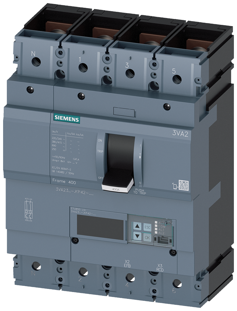 3VA2340-5KP42-0AA0 Interruptor automático 3VA2 IEC Frame 400 Clase de poder de corte M Icu=55kA @ 4