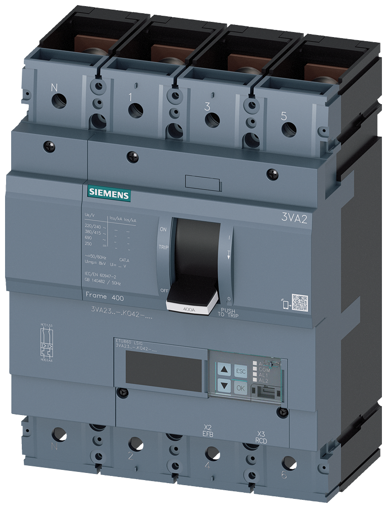 3VA2325-5KQ42-0AA0 Interruptor automático 3VA2 IEC Frame 400 Clase de poder de corte M Icu=55kA @ 4