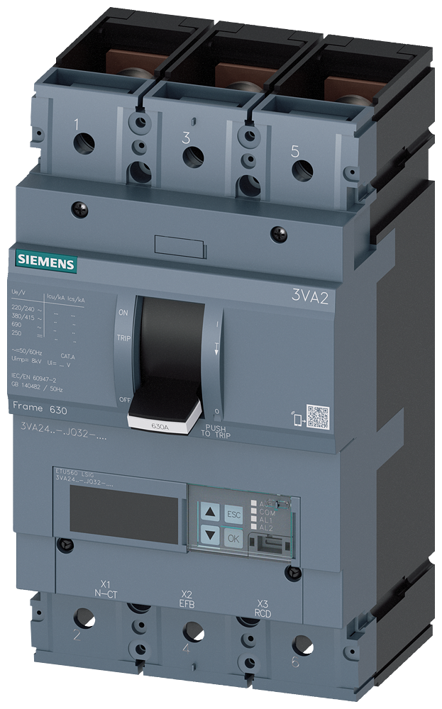 3VA2463-6JQ32-0AA0 Interruptor automático 3VA2 IEC Frame 630 Clase de poder de corte H Icu=85 kA @ 