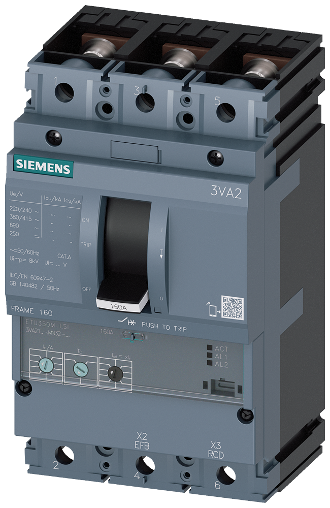 3VA2140-5MN32-0AA0 Interruptor automático 3VA2 IEC Frame 160 Clase de poder de corte M Icu=55kA @ 4