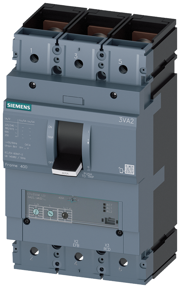 3VA2325-5MN32-0AA0 Interruptor automático 3VA2 IEC Frame 400 Clase de poder de corte M Icu=55kA @ 4