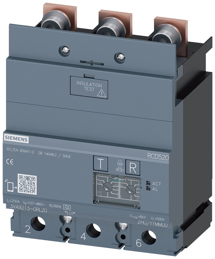 3VA9213-0RL20 Unidad de protección diferencial RCD520 Basic RCD, tipo A, adosado inferior
