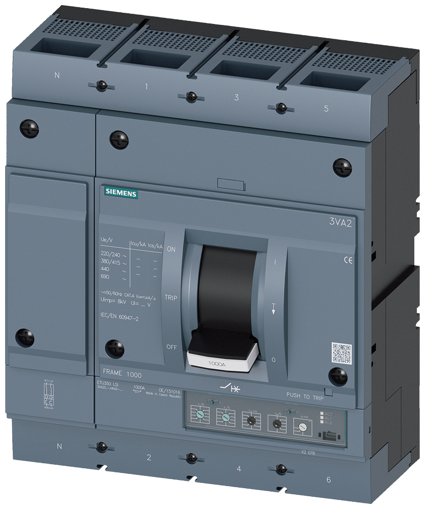 3VA2510-5HN42-0AA0 Interruptor automático 3VA2 IEC Frame 1000 Clase de poder de corte M Icu=55kA @ 