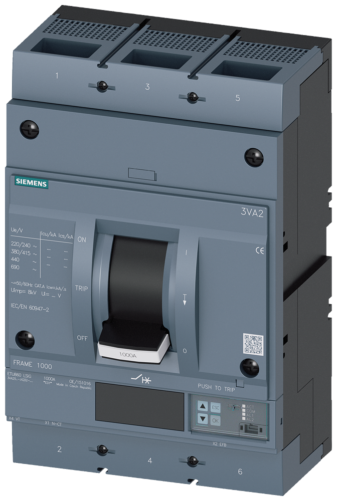 3VA2580-6KQ32-0AA0 Interruptor automático 3VA2 IEC tamaño 1000 Clase de poder de corte H Icu=85 kA 