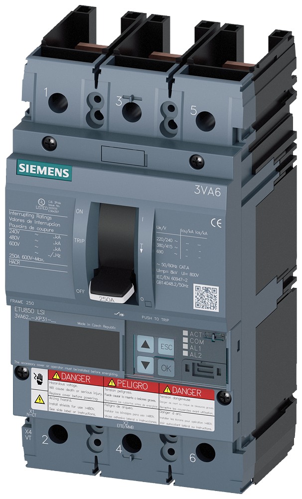3VA6210-5KP31-0AA0 Interruptor automático 3VA6 UL, Frame 250, clase de poder de corte M, 35 kA a 48