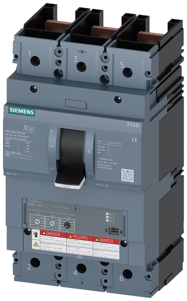 3VA6460-6HL31-0AA0 Interruptor automático 3VA6 UL, Frame 600, clase de poder de corte H, 65 kA a 48