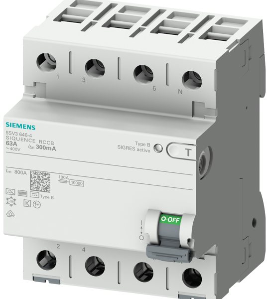 5SV3347-4 Interruptor diferencial, de 4 polos, tipo B, con retardo breve, In: 80 A, 30 mA