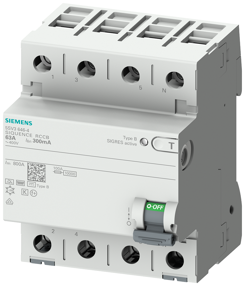 5SV3747-4 Interruptor diferencial, de 4 polos, tipo B, con retardo breve, In: 80 A, 500&amp;nb