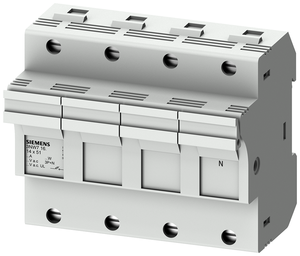 3NW7161 SENTRON, base portafusibles cilíndricos, 14 × 51 mm, 3P+N, In: 50 A, Un AC: 690 