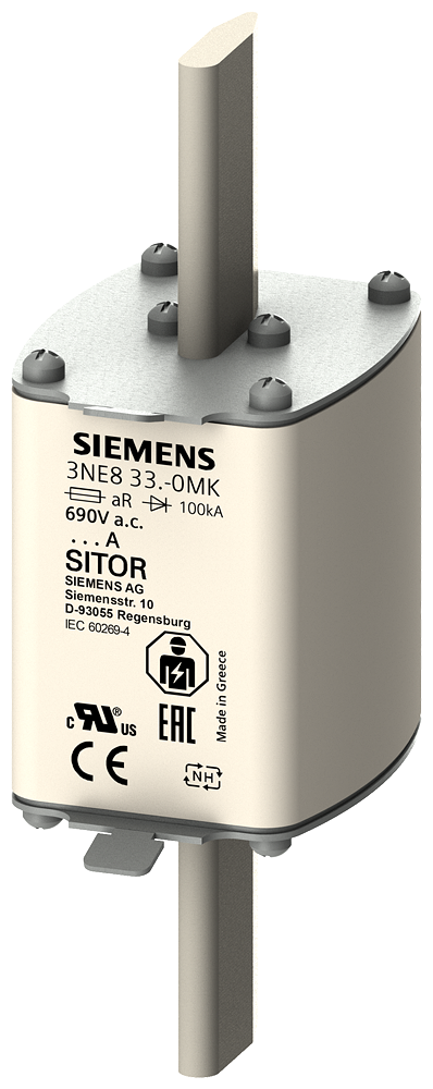 3NE8331-0MK Cartucho fusible SITOR, con contactos de cuchilla, NH2, In: 350 A, aR, Un A