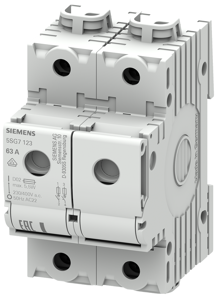 5SG7123 MINIZED, interruptor-seccionador con fusible, D02, de 2 polos, In: 63 A, Un AC: 