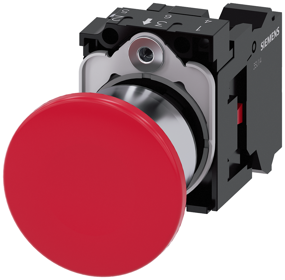 3SU1150-1BA20-3CA0 Pulsador de seta, 22 mm, redondo, metal, brillante, rojo, 1 NC