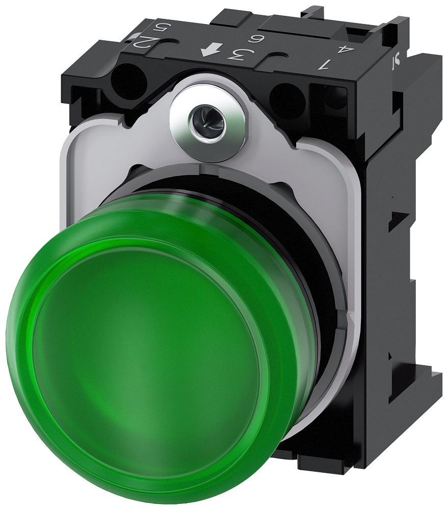 3SU1102-6AA40-1AA0 Lámpara de señalización, 22 mm, redonda, plástico, verde, lente lisa, 24 V AC/DC
