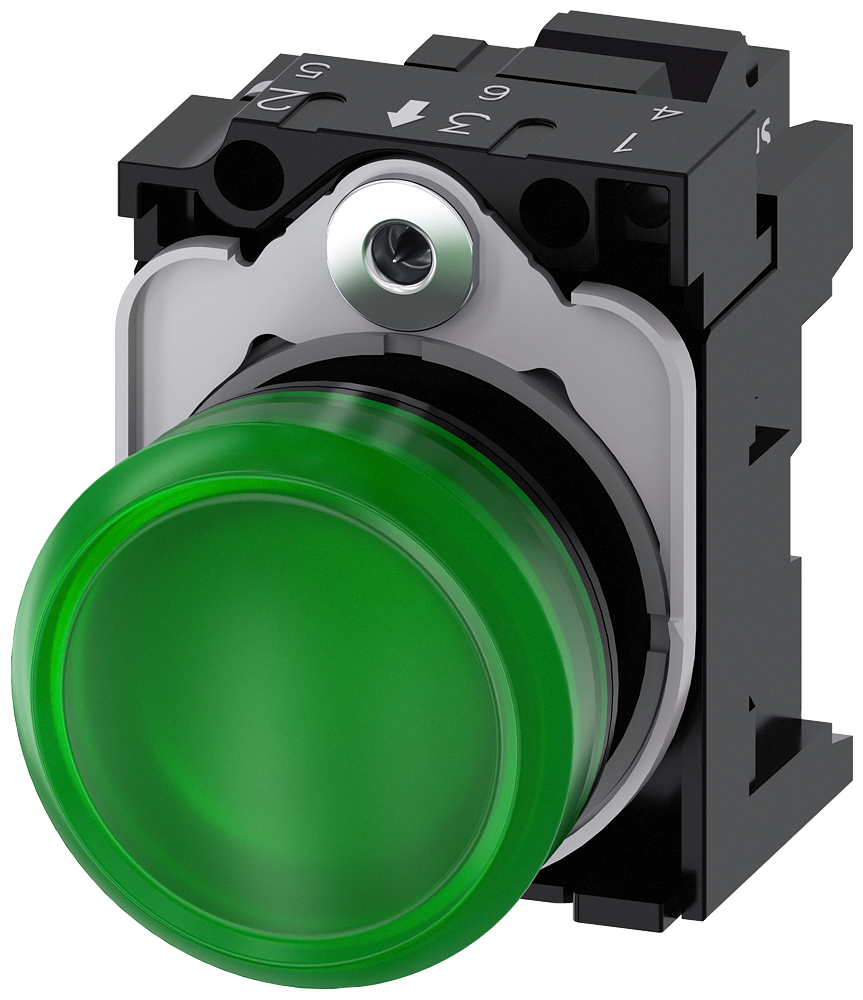 3SU1106-6AA40-3AA0 Lámpara de señalización, 22 mm, redonda, plástico, verde, lente lisa, 230 V AC