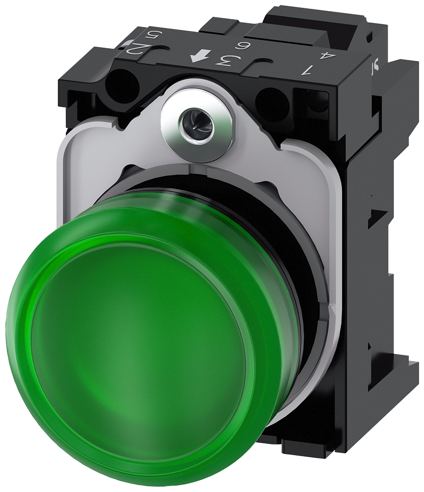 3SU1102-6AA40-3AA0 Lámpara de señalización, 22 mm, redonda, plástico, verde, lente lisa, 24 V AC/DC