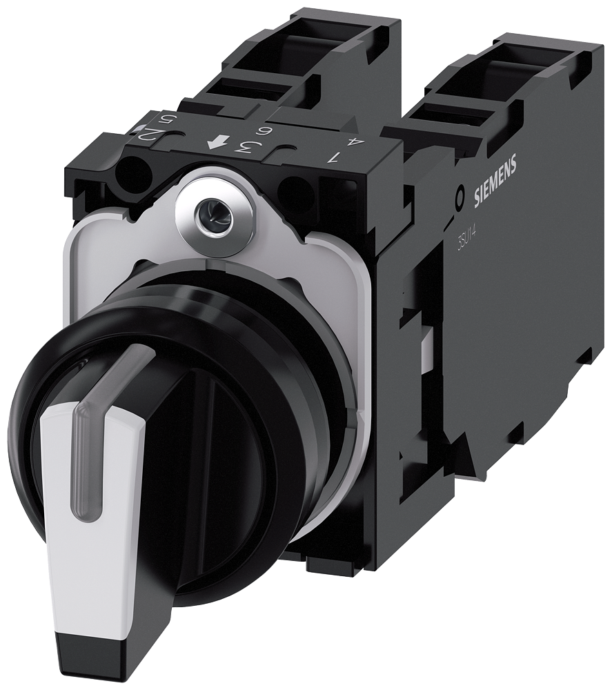 3SU1100-2BM60-1LA0 Selector, iluminable, 22 mm, redondo, plástico, negro, blanco, 2 × 1 NA + 1 NC