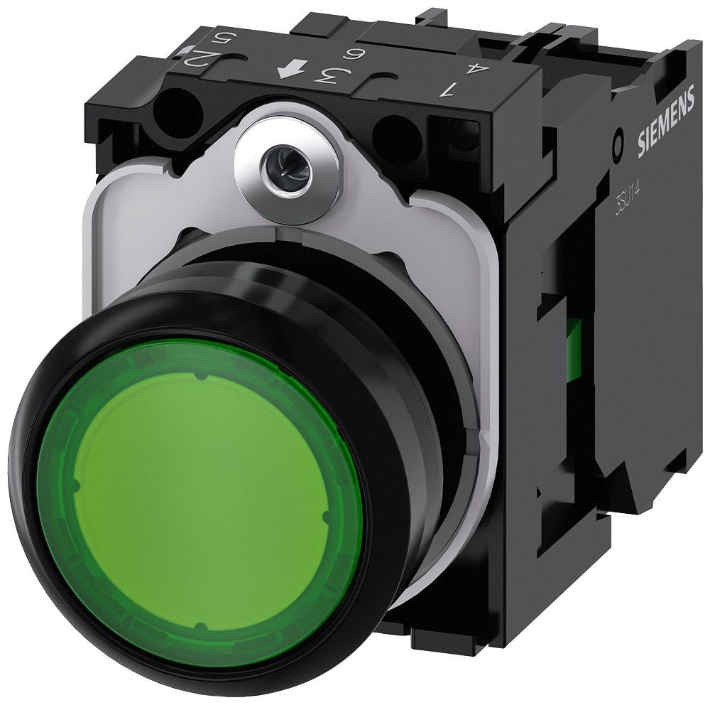 3SU1103-0AB40-1BA0 Pulsador, iluminado, 22 mm, redondo, plástico, verde, 1 NA, 110 V AC