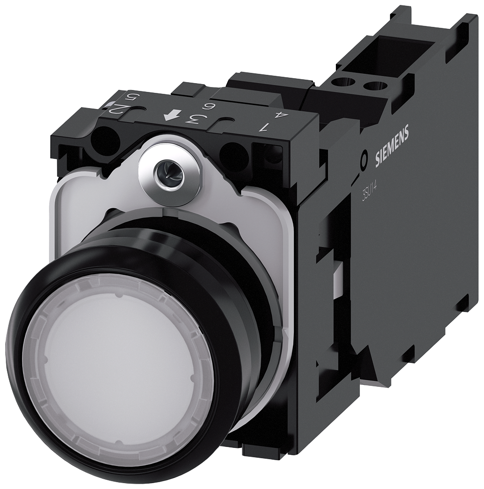 3SU1102-0AB60-3FA0 Pulsador, iluminado, 22 mm, redondo, plástico, blanco, 1 NA + 1 NC, 24 V AC/DC