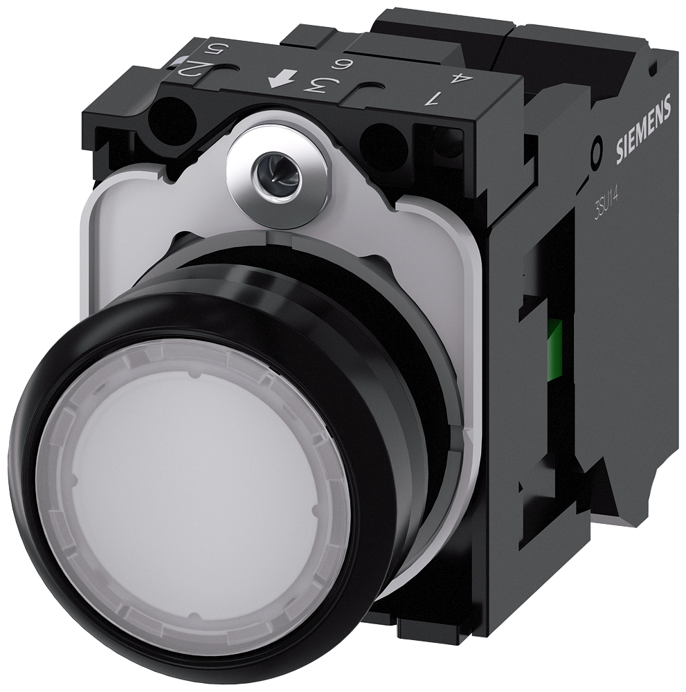 3SU1106-0AB60-3BA0 Pulsador, iluminado, 22 mm, redondo, plástico, blanco, 1 NA, 230 V AC