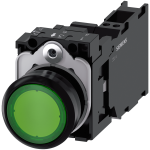 3SU1102-0AB40-3FA0 Pulsador, iluminado, 22 mm, redondo, plástico, verde, 1 NA + 1 NC, 24 V AC/DC