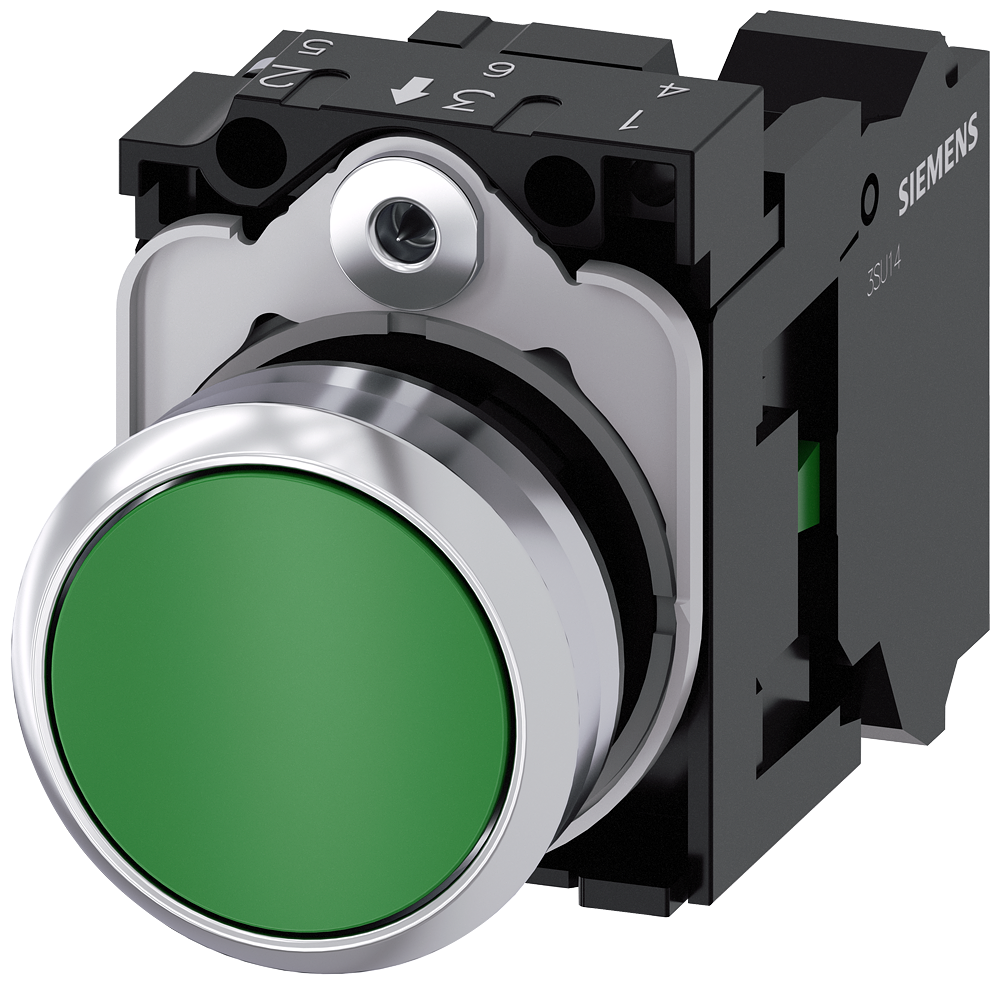 3SU1150-0AB40-3BA0 Pulsador, 22 mm, redondo, metal, brillante, verde, botón, 1 NA