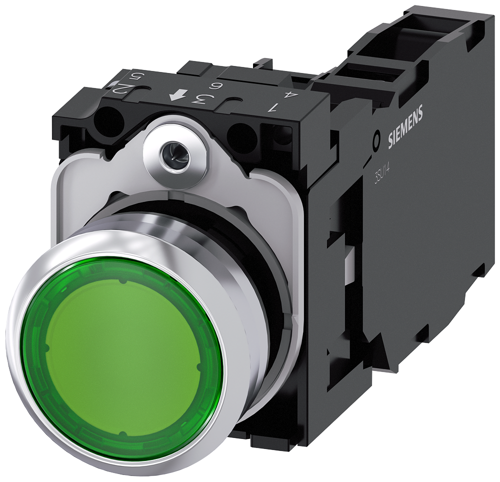 3SU1156-0AB40-1FA0 Pulsador, iluminado, 22 mm, redondo, metal, brillante, verde, 1 NA + 1 NC