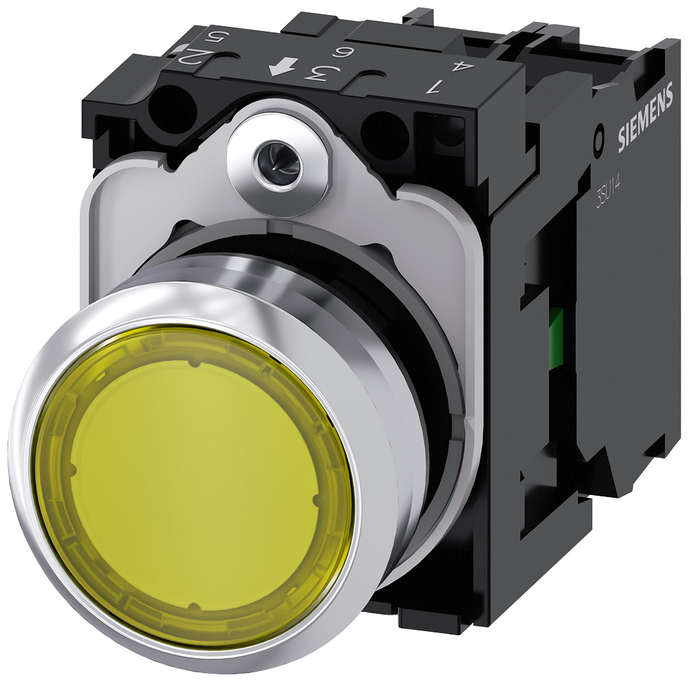 3SU1156-0AB30-1BA0 Pulsador, iluminado, 22 mm, redondo, metal, brillante, amarillo, 1 NA