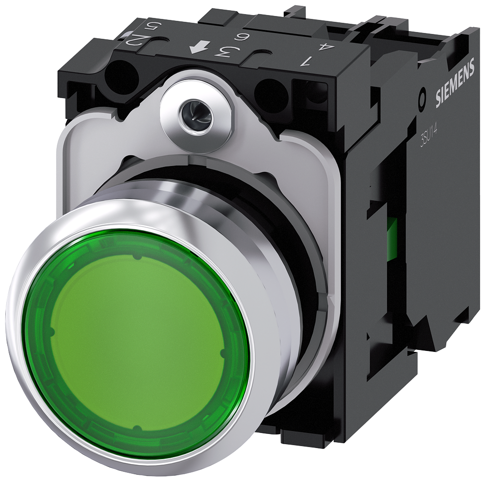 3SU1156-0AB40-1BA0 Pulsador, iluminado, 22 mm, redondo, metal, brillante, verde, 1 NA