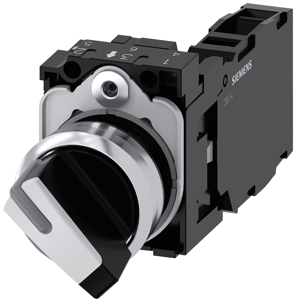 3SU1150-2BF60-1FA0 Selector, iluminable, 22 mm, redondo, metal, brillante, blanco, 1 NA + 1 NC