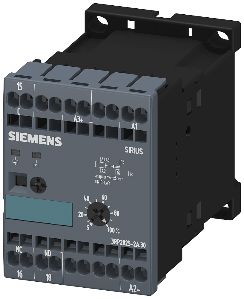 3RP2025-2AQ30 Relé temporizador, electrónico, retardado a la excitación, 1 CO, 24 V AC/DC, 100