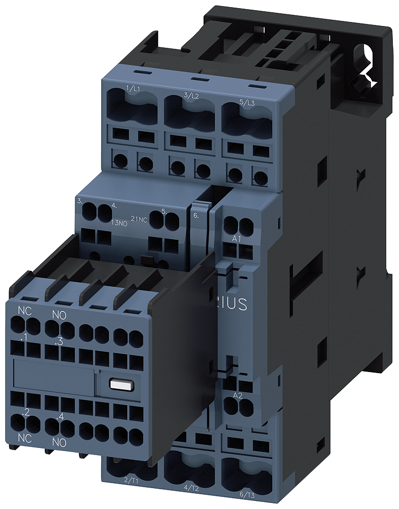 3RT2026-2AP04 Contactor, AC-3e, 25 A/11 kW/400 V, 3 polos, 230 V AC/50 Hz, 2 NA + 2 NC, bornes