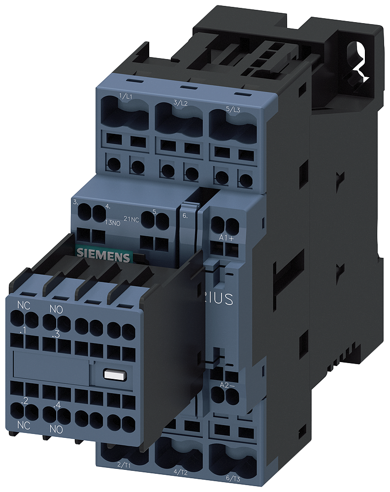 3RT2025-2BB44 Contactor, AC-3e, 17 A/7,5 kW/400 V, 3 polos, 24 V DC, 2 NA + 2 NC, bornes de re