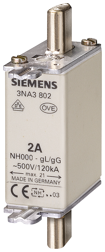 3NA3802 Cartucho de fusibles NH, NH000, In: 2 A, gG, Un AC: 500 V, Un DC: 250 V