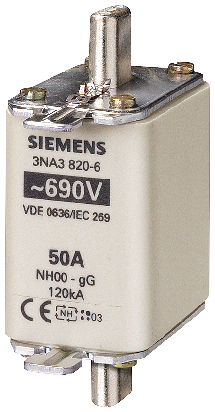 3NA3820-6 Cartucho de fusibles NH, NH00, In: 50 A, gG, Un AC: 690 V, Un DC: 250 V